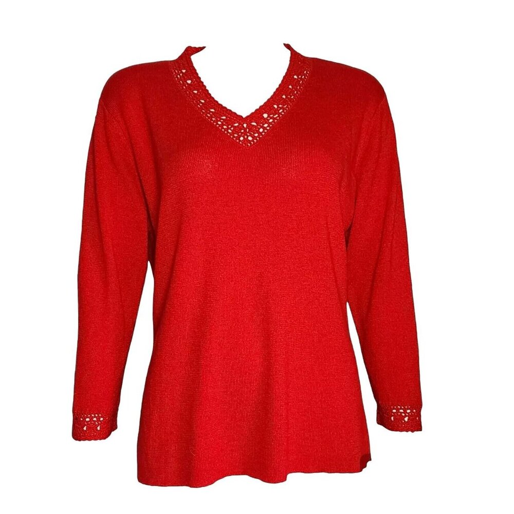 SAG HARBOR Solid All Red 3/4 Sleeve Pullover Crochet Detail Top Womens Size XL‎